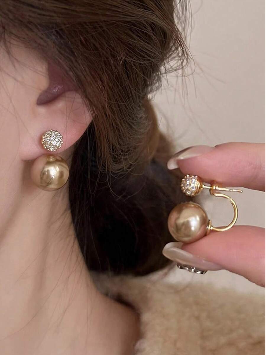 Pearl Earring Stud - 1 Pair Elegant Korean Champagne Pearl