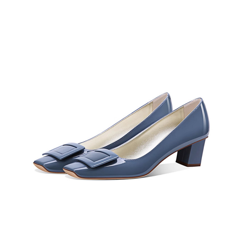 Women Formal Wear For Office - Elegant Blue Square Buckle Pumps Chunky