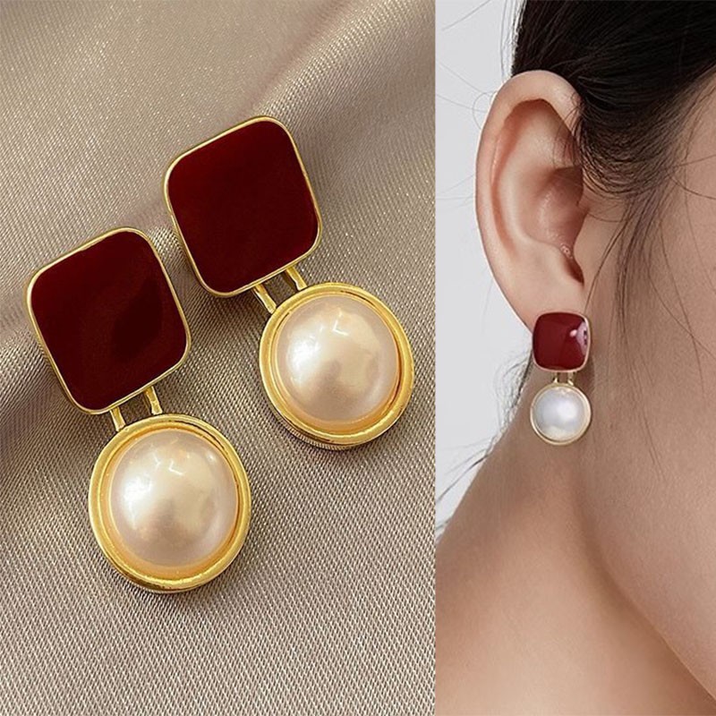 Pearl Earring Stud - 925 Silver Needle Vintage Red Blue