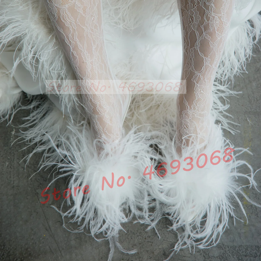 Women'S Formal Wear To A Wedding - White Ostrich Feather Heeled Slippers Women