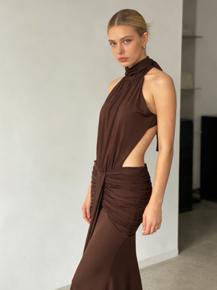 Brown high neck backless long  - Women Formal Wear Online 评论和价格