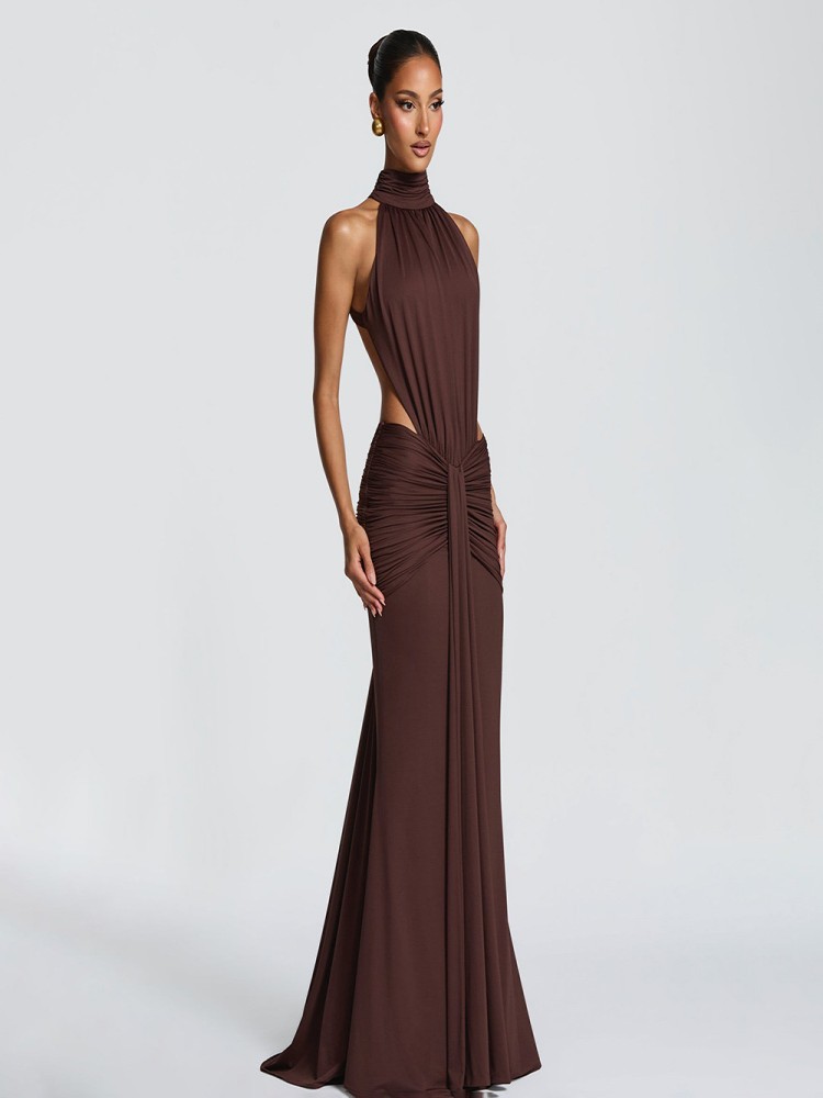 Brown high neck backless long  - Women Formal Wear Online 评论和价格